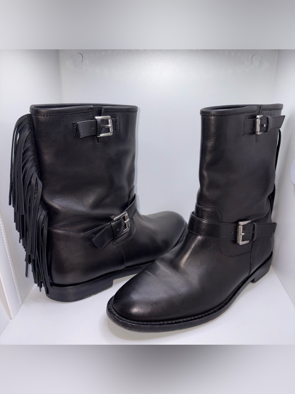 Michael Kors Collection Black Leather Biker Boots Sz 8 EU 38.5 Fringe Designer